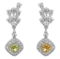 LARGE 2.56CT MULTI COLOR DIAMOND 18K WHITE GOLD 3D CUSHION & ROUND HALO EARRINGS
