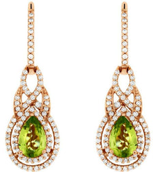 2.0CT DIAMOND & AAA PERIDOT 14KT ROSE GOLD PEAR SHAPE & ROUND HANGING EARRINGS