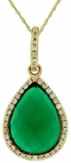 ESTATE .12CT DIAMOND & AAA GREEN AGATE 14KT YELLOW GOLD PEAR SHAPE HALO PENDANT