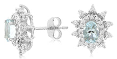 1.20CT DIAMOND & AAA AQUAMARINE 14K WHITE GOLD OVAL & ROUND FLORAL STAR EARRINGS