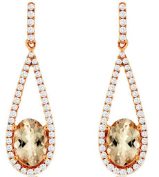 1.65CT DIAMOND & AAA MORGANITE 14KT ROSE GOLD 3D OVAL & ROUND ELONGATED EARRINGS