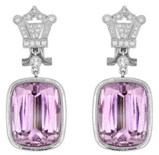 LARGE 44.02CT DIAMOND & AAA KUNZITE 18KT WHITE GOLD CUSHION & ROUND FUN EARRINGS