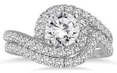 1.5CT DIAMOND 14KT WHITE GOLD 3D DOUBLE SWIRL ROUND ENGAGEMENT WEDDING RING SET
