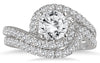 1.5CT DIAMOND 14KT WHITE GOLD 3D DOUBLE SWIRL ROUND ENGAGEMENT WEDDING RING SET