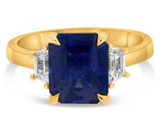 LARGE 4.20CT DIAMOND & AAA SAPPHIRE 14KT YELLOW GOLD EMERALD CUT ENGAGEMENT RING