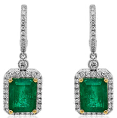 7.20CT DIAMOND & AAA EMERALD 18KT 2 TONE GOLD ROUND & EMERALD CUT HALO EARRINGS