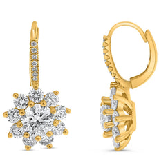 2.74CT DIAMOND 14KT YELLOW GOLD ROUND CLASSIC FLOWER LEVERBACK HANGING EARRINGS