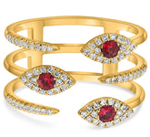LARGE .41CT DIAMOND & AAA RUBY 14K YELLOW GOLD MULTI ROW LUCKY EVIL EYE FUN RING