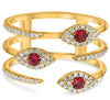 LARGE .41CT DIAMOND & AAA RUBY 14K YELLOW GOLD MULTI ROW LUCKY EVIL EYE FUN RING