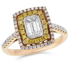 WIDE .85CT WHITE FANCY YELLOW DIAMOND 18K WHITE ROSE GOLD SQUARE ENGAGEMENT RING