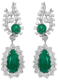 EXTRA LARGE 33.0CT DIAMOND & AAA EMERALD PLATINUM 3D FLORAL TEAR DROP EARRINGS