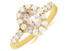 1.12CT DIAMOND & AAA MORGANITE 14KT YELLOW GOLD OVAL FLOWER FRIENDSHIP LOVE RING
