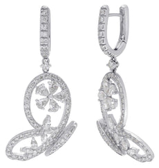 3.19CT DIAMOND 18KT WHITE GOLD 3D ROUND & PEAR SHAPE BUTTERFLY HANGING EARRINGS