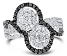 LARGE 1.6CT WHITE & BLACK DIAMOND 14K WHITE & BLACK GOLD DOUBLE FLOWER LOVE RING