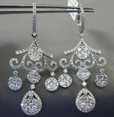 ESTATE LARGE 4.90CT DIAMOND 14KT WHITE GOLD 3D FLEUR DE LIS CHANDELIER EARRINGS
