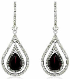 ESTATE 1.43CT DIAMOND & AAA RHODOLITE 14K WHITE GOLD 3D PEAR SHAPE HALO EARRINGS