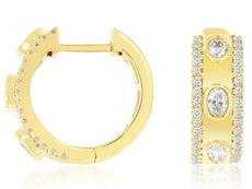 WIDE .64CT DIAMOND 14K YELLOW GOLD 3D OVAL & ROUND BEZEL HUGGIE HANGING EARRINGS