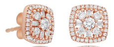 .60CT DIAMOND 14KT ROSE GOLD 3D ROUND & BAGUETTE FLOWER SQUARE STUD EARRINGS