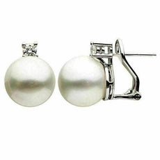 ESTATE .26CT ROUND DIAMOND & AAA SOUTH SEA PEARL 14K WHITE GOLD CLIP ON EARRINGS