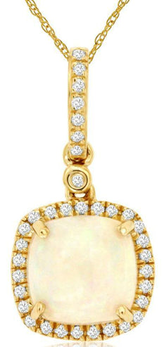 1.54CT DIAMOND & AAA OPAL 14K YELLOW GOLD 3D CUSHION & ROUND HALO SQUARE PENDANT
