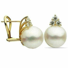 ESTATE LARGE .60CT DIAMOND & AAA SOUTH SEA PEARL 18K YELLOW GOLD FLOWER EARRINGS