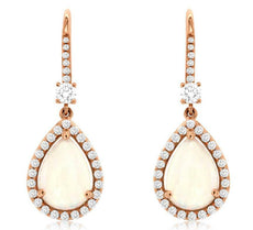 3.06CT DIAMOND & AAA OPAL 14KT ROSE GOLD 3D PEAR SHAPE & ROUND HANGING EARRINGS