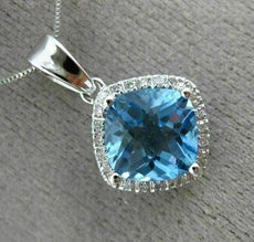 ESTATE 2.92CT DIAMOND & BLUE TOPAZ 14KT WHITE GOLD SQUARE HALO FILIGREE PENDANT