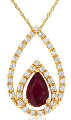 1.6CT DIAMOND & AAA RUBY 14KT YELLOW GOLD 3D PEAR SHAPE & ROUND FLOATING PENDANT
