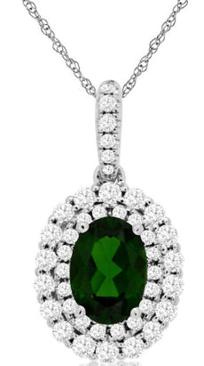 1.34CT DIAMOND & AAA RUSSALITE 14K WHITE GOLD OVAL & ROUND HALO FLOATING PENDANT