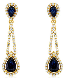 3.06CT DIAMOND & AAA SAPPHIRE 14KT YELLOW GOLD 3D TEAR DROP HANGING EARRINGS