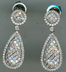 LARGE 3.07CT DIAMOND 14KT WHITE GOLD ROUND & PRINCESS TEAR DROP FLORAL EARRINGS