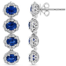 3.90CT DIAMOND & AAA SAPPHIRE 14KT WHITE GOLD OVAL MULTI FLOWER HANGING EARRINGS