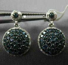 ESTATE .90CT WHITE & BLUE DIAMOND 14KT WHITE GOLD ROUND CLUSTER HANGING EARRINGS