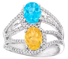 LARGE 3.12CT DIAMOND & AAA CITRINE & BLUE TOPAZ 14K WHITE GOLD OVAL & ROUND RING