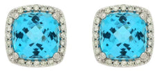 4.46CT DIAMOND & AAA BLUE TOPAZ 14KT WHITE GOLD 3D CUSHION & ROUND HALO EARRINGS