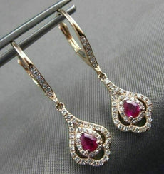 ESTATE .69CT DIAMOND & RUBY 14KT ROSE GOLD 3D TEAR DROP FLOWER HANGING EARRINGS
