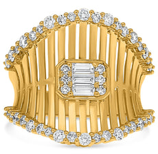 LARGE .90CT DIAMOND 14K YELLOW GOLD ROUND & BAGUETTE MULTI BAR V SHAPE FUN RING