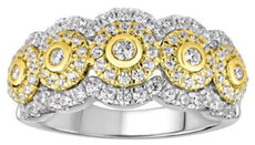 ESTATE WIDE .87CT DIAMOND 14KT 2 TONE GOLD CLASSIC MULTI FLOWER ANNIVERSARY RING