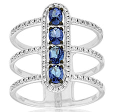 1.07CT DIAMOND & AAA TANZANITE 14KT WHITE BLACK GOLD OVAL & ROUND 3 ROW BAR RING