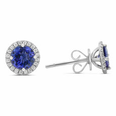 ESTATE 1.29CT DIAMOND & AAA TANZANITE 14KT WHITE GOLD 3D ROUND HALO STUD EARRING