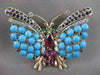 ANTIQUE LARGE DIAMOND RUBY SAPPHIRE TURQUOISE 14K W&Y GOLD BUTTERFLY PIN #2187