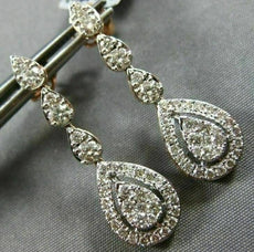 ESTATE 1.26CT DIAMOND 14KT WHITE & ROSE GOLD 3D CLUSTER TEAR DROP HALO EARRINGS
