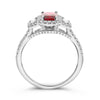 1.53CT DIAMOND & AAA RUBY PLATINUM EMERALD CUT 3D 3 STONE HALO ENGAGEMENT RING