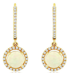 1.26CT DIAMOND & AAA OPAL 14KT YELLOW GOLD 3D ROUND HALO FLOWER HANGING EARRINGS