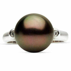 ESTATE .04CT DIAMOND & AAA TAHITIAN PEARL 14KT WHITE GOLD 3 STONE SOLITAIRE RING
