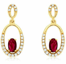 ESTATE .65CT DIAMOND & AAA RUBY 14K YELLOW GOLD 3D OVAL CLASSIC HANGING EARRINGS