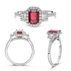 1.53CT DIAMOND & AAA RUBY PLATINUM EMERALD CUT 3D 3 STONE HALO ENGAGEMENT RING