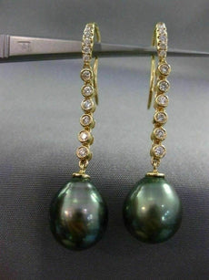 ESTATE LARGE .36CT DIAMOND 18KT YELLOW GOLD AAA TAHITIAN PEARL HANGING EARRINGS