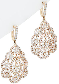 LARGE 6.10CT DIAMOND 18KT ROSE GOLD ROUND MULTI FLOWER FILIGREE HANGING EARRINGS
