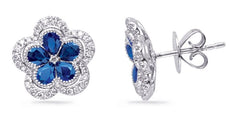 2.03CT DIAMOND & AAA SAPPHIRE 14K WHITE GOLD 3D PEAR SHAPE & ROUND STUD EARRINGS